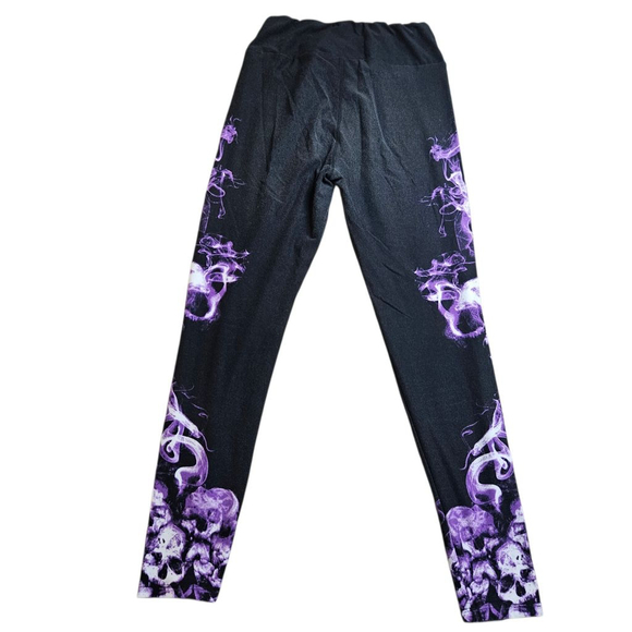 LuLaRoe One Size Black Purple Smoke Skull Leggings - Picture 3 of 8
